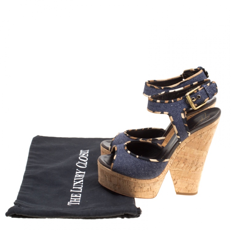 Pre Owned Giuseppe Zanotti Dark Wash Denim Cork Heel Platform Wedge Sandals Size 40