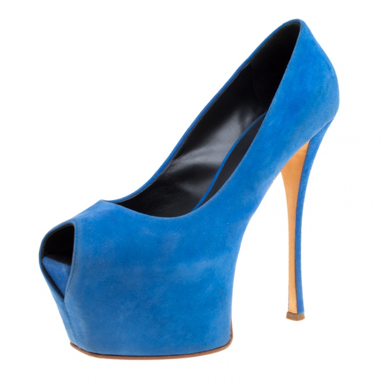 Pre Owned Giuseppe Zanotti Blue Suede Peep Toe Platform Pumps Size 39