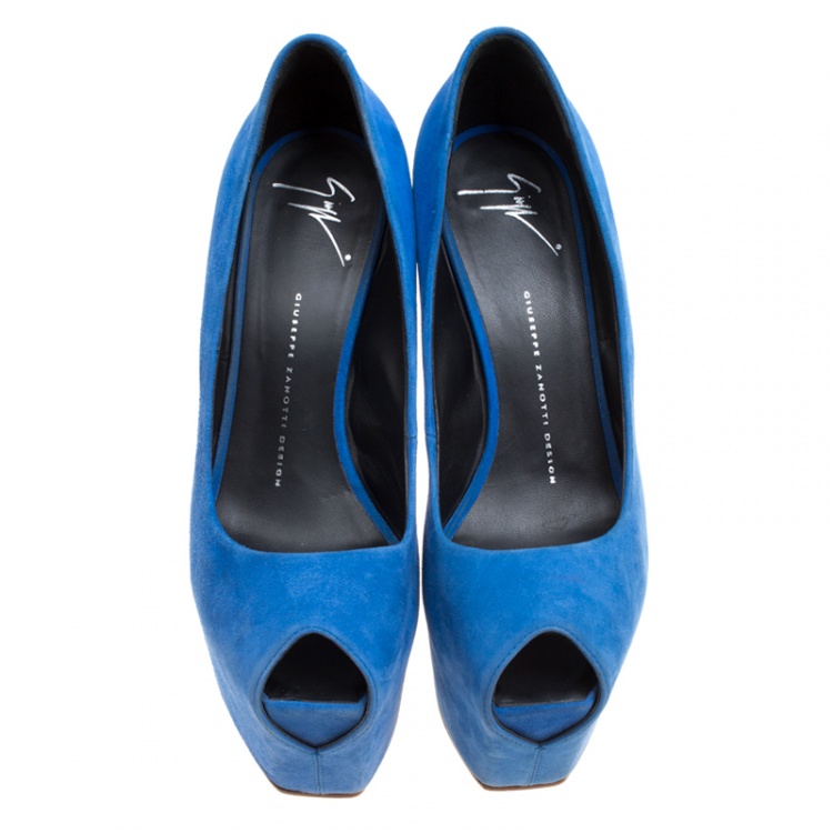Pre Owned Giuseppe Zanotti Blue Suede Peep Toe Platform Pumps Size 39