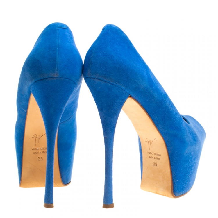 Pre Owned Giuseppe Zanotti Blue Suede Peep Toe Platform Pumps Size 39