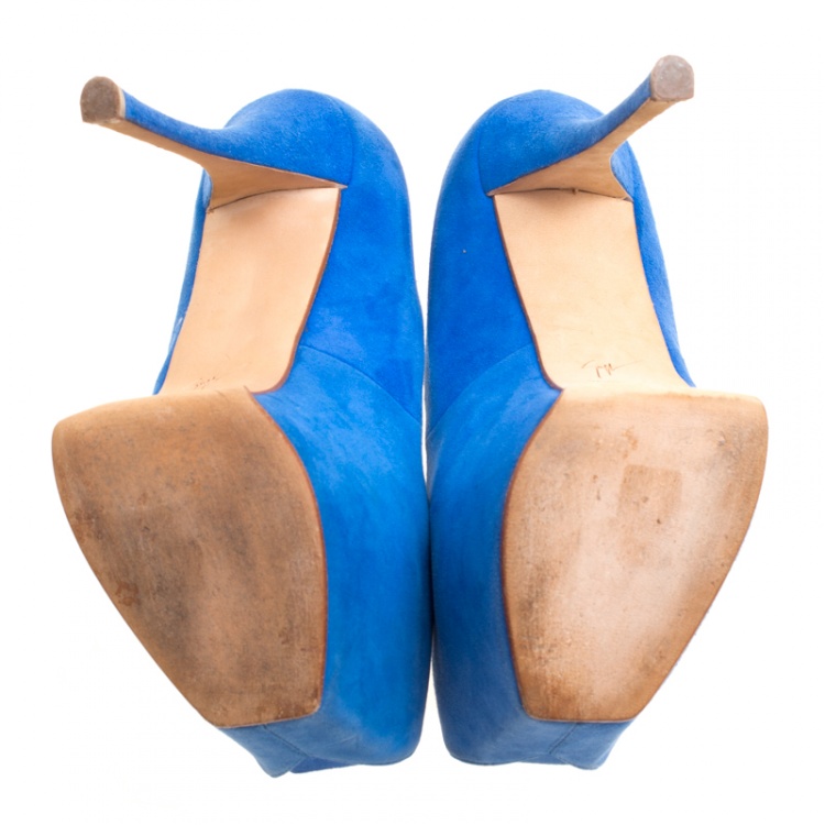 Pre Owned Giuseppe Zanotti Blue Suede Peep Toe Platform Pumps Size 39