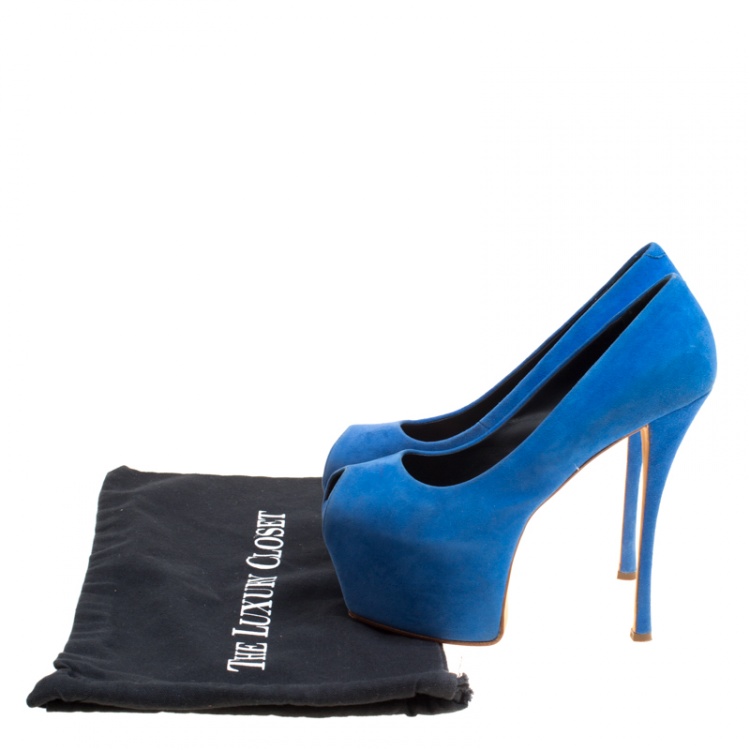 Pre Owned Giuseppe Zanotti Blue Suede Peep Toe Platform Pumps Size 39