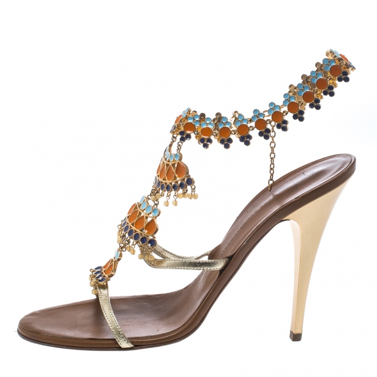 Pre Owned Giuseppe Zanotti Gold Leather and Enamel Embellished Ankle Strap Sandals Size 39