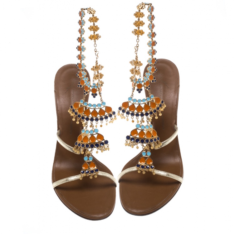 Pre Owned Giuseppe Zanotti Gold Leather and Enamel Embellished Ankle Strap Sandals Size 39