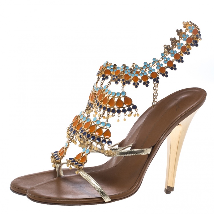 Pre Owned Giuseppe Zanotti Gold Leather and Enamel Embellished Ankle Strap Sandals Size 39