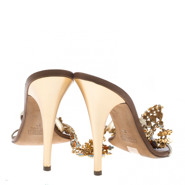 Pre Owned Giuseppe Zanotti Gold Leather and Enamel Embellished Ankle Strap Sandals Size 39