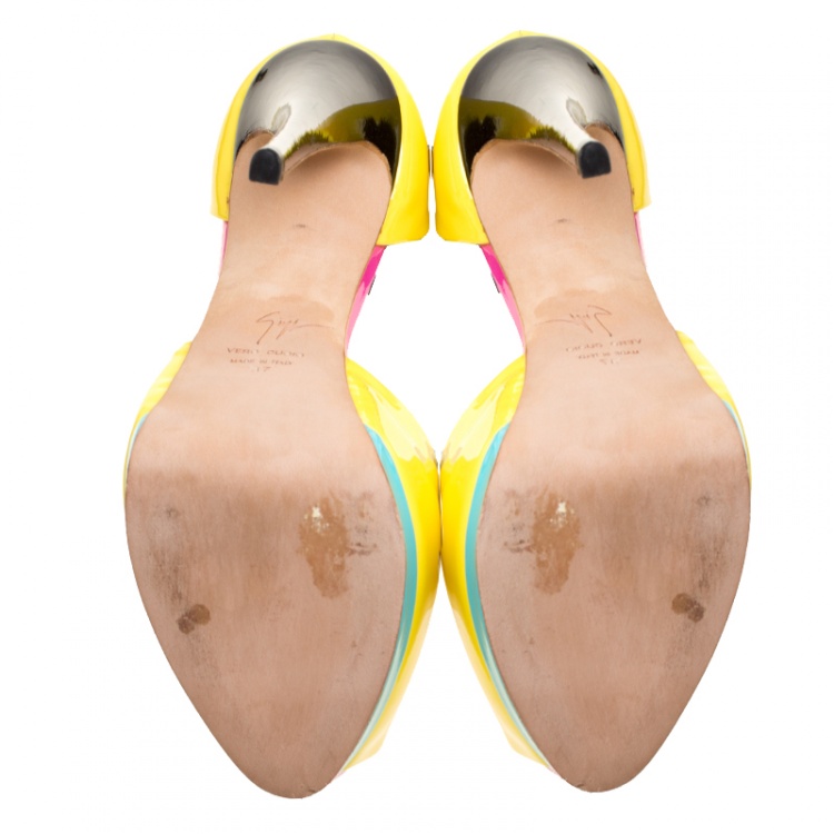 Pre Owned Giuseppe Zanotti Yellow/Black Patent Leather Peep Toe Platform Sandals Size 37