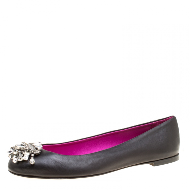 Pre Owned Giuseppe Zanotti Black Leather Crystal Embellished Ballet Flats Size 39