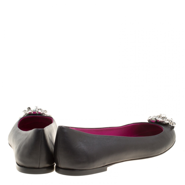 Pre Owned Giuseppe Zanotti Black Leather Crystal Embellished Ballet Flats Size 39