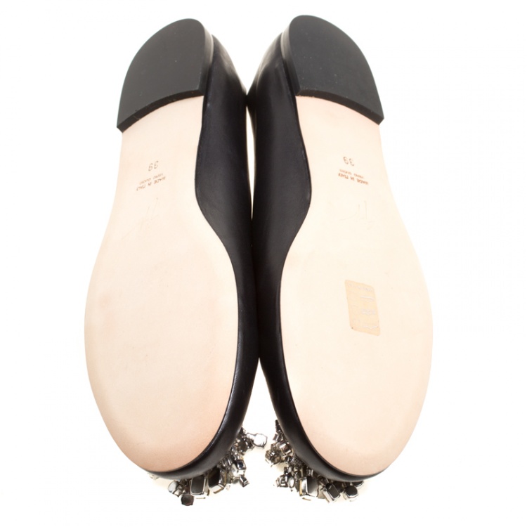 Pre Owned Giuseppe Zanotti Black Leather Crystal Embellished Ballet Flats Size 39