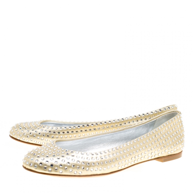 Pre Owned Giuseppe Zanotti Gold Leather Crystal Studded Ballet Flats Size 39