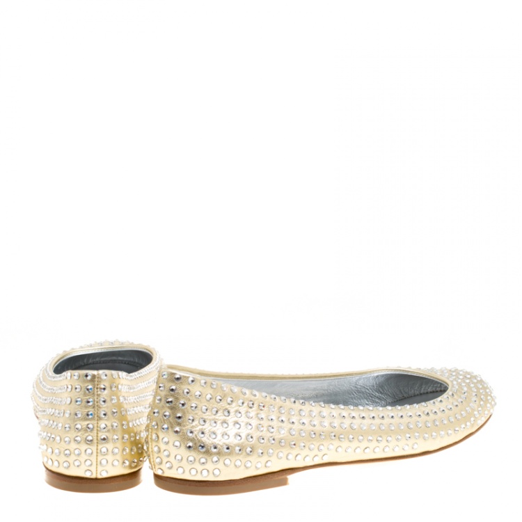 Pre Owned Giuseppe Zanotti Gold Leather Crystal Studded Ballet Flats Size 39