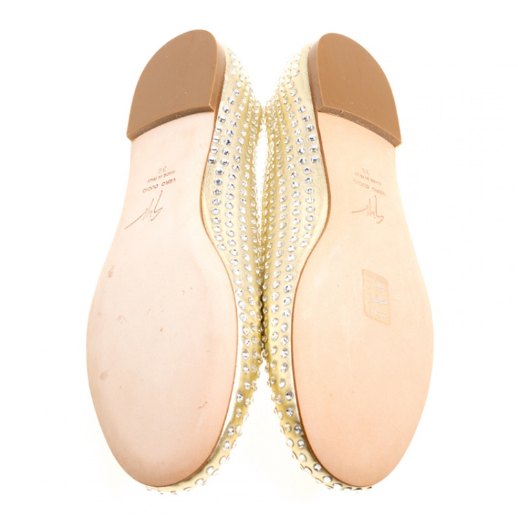 Pre Owned Giuseppe Zanotti Gold Leather Crystal Studded Ballet Flats Size 39