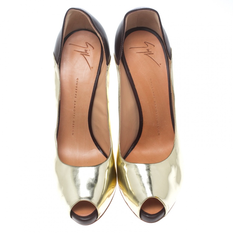 Pre Owned Giuseppe Zanotti Gold/Burgundy Leather Peep Toe Pumps Size 40