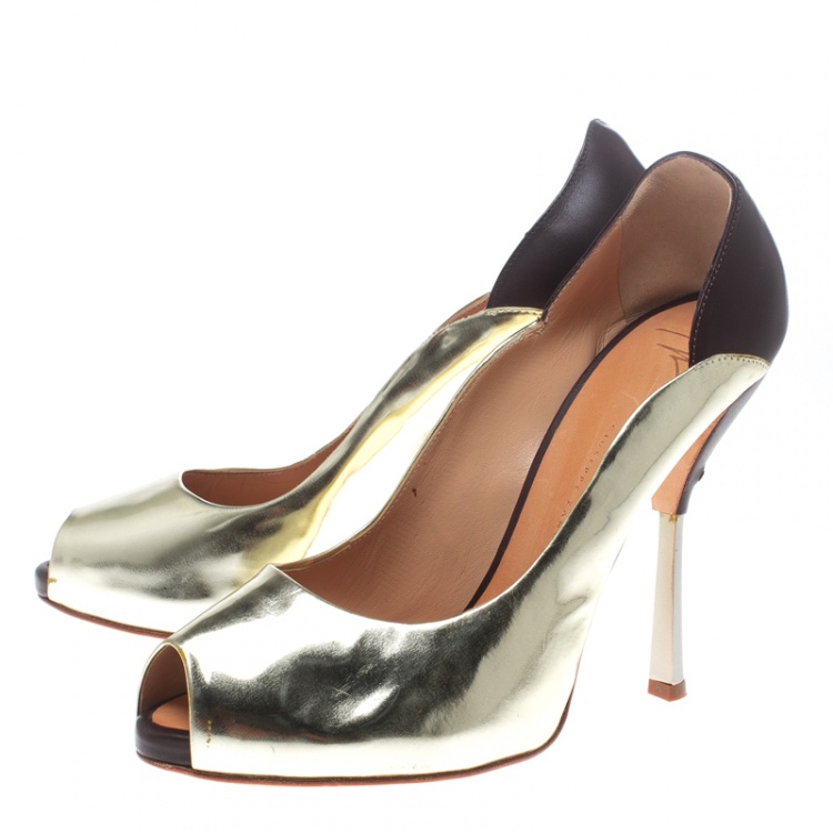 Pre Owned Giuseppe Zanotti Gold/Burgundy Leather Peep Toe Pumps Size 40