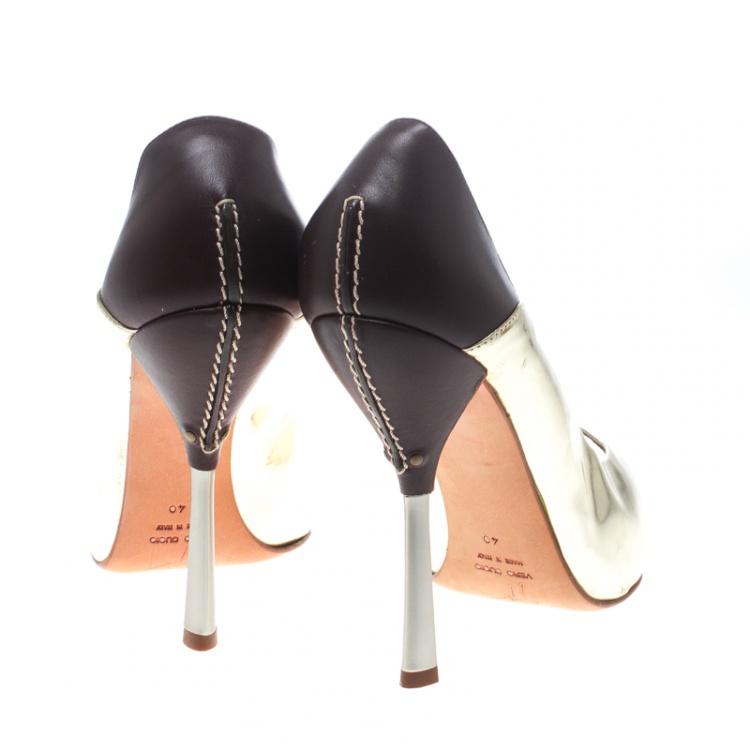 Pre Owned Giuseppe Zanotti Gold/Burgundy Leather Peep Toe Pumps Size 40