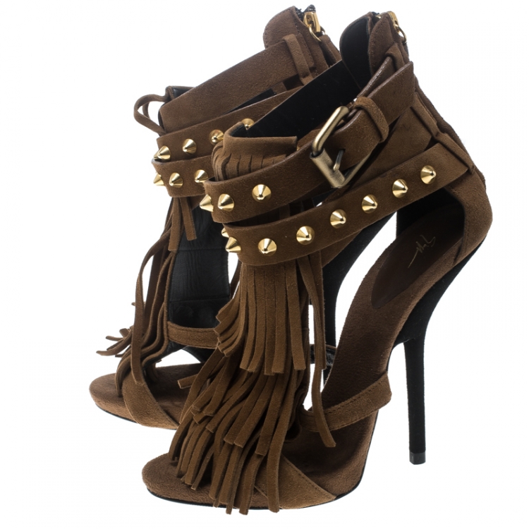 Pre Owned Giuseppe Zanotti Brown Studded Fringe Suede Sandals Size 37
