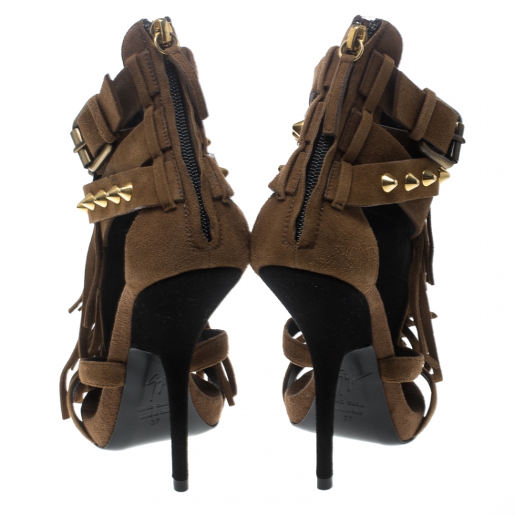 Pre Owned Giuseppe Zanotti Brown Studded Fringe Suede Sandals Size 37