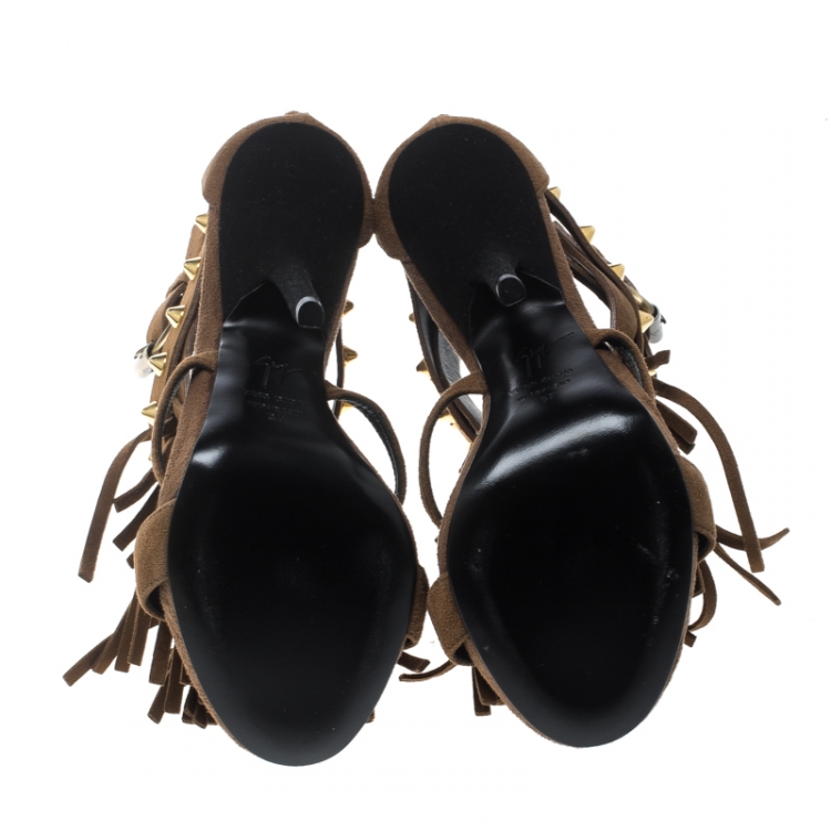 Pre Owned Giuseppe Zanotti Brown Studded Fringe Suede Sandals Size 37
