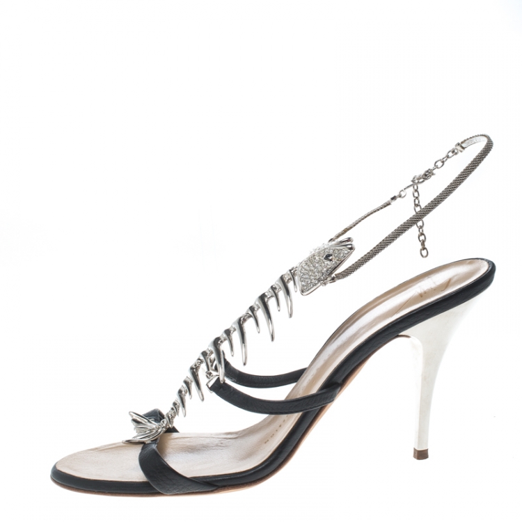 Giuseppe Zanotti Black Leather Crystal Embellished Fishbone