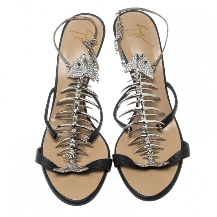 Pre Owned Giuseppe Zanotti Black Leather Crystal Embellished Fishbone Sandals Size 37