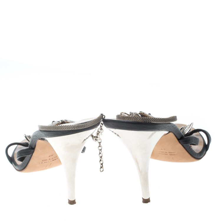 Pre Owned Giuseppe Zanotti Black Leather Crystal Embellished Fishbone Sandals Size 37