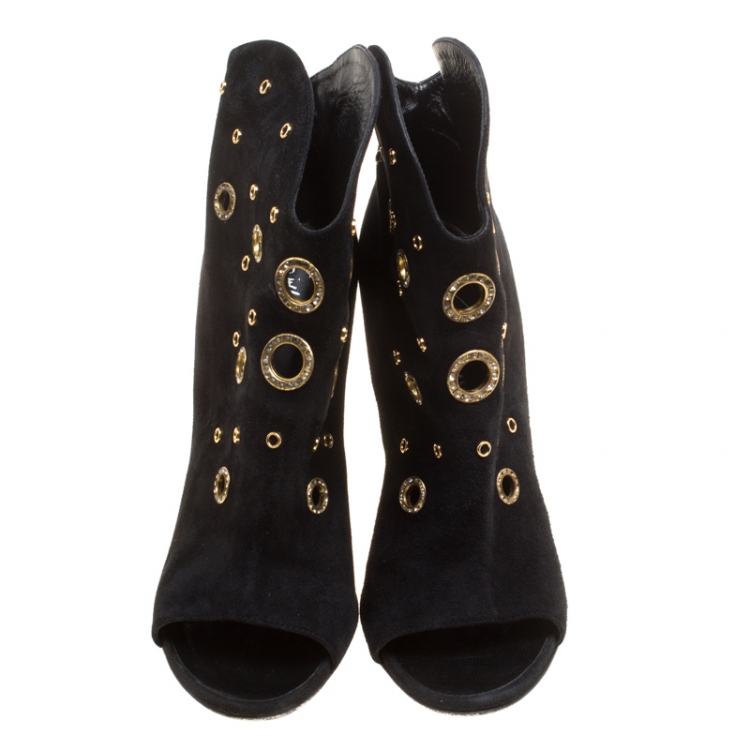 Pre Owned Giuseppe Zanotti Black Suede Grommet Crystal Eyelet Embellished Peep Toe Booties Size 39