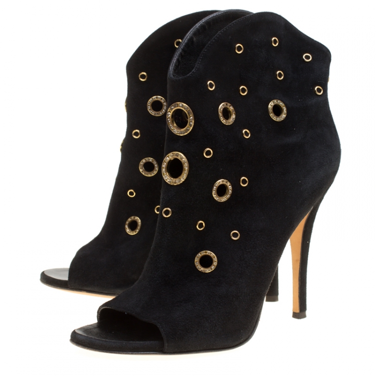 Pre Owned Giuseppe Zanotti Black Suede Grommet Crystal Eyelet Embellished Peep Toe Booties Size 39