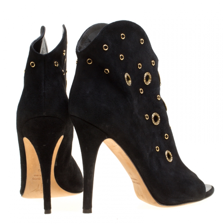 Pre Owned Giuseppe Zanotti Black Suede Grommet Crystal Eyelet Embellished Peep Toe Booties Size 39