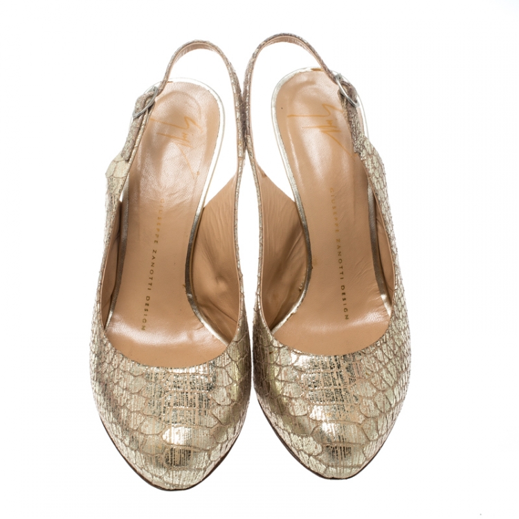 Pre Owned Giuseppe Zanotti Metallic Gold Python Embossed Leather Slingback Platform Sandals Size 37
