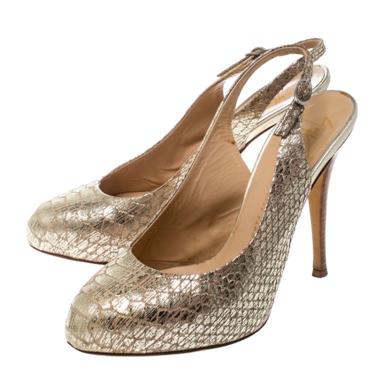 Pre Owned Giuseppe Zanotti Metallic Gold Python Embossed Leather Slingback Platform Sandals Size 37