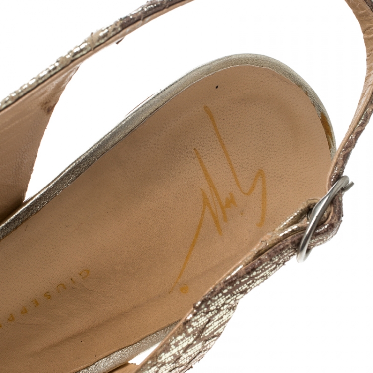 Pre Owned Giuseppe Zanotti Metallic Gold Python Embossed Leather Slingback Platform Sandals Size 37
