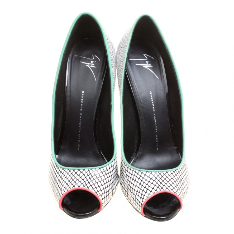 Pre Owned Giuseppe Zanotti Monochrome Printed Leather Peep Toe Pumps Size 38.5