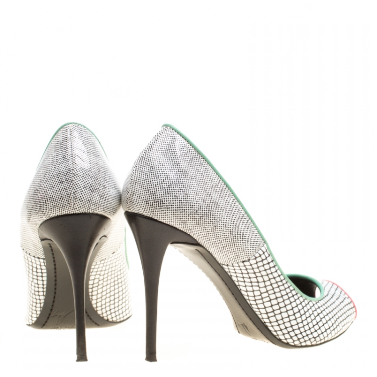 Pre Owned Giuseppe Zanotti Monochrome Printed Leather Peep Toe Pumps Size 38.5