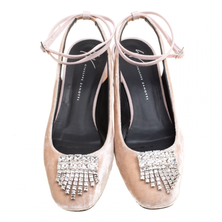 Pre Owned Giuseppe Zanotti Beige Velvet Ankle Wrap Sandals Size 38