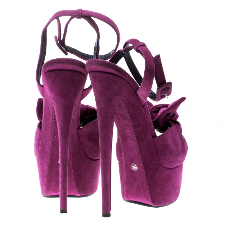 Pre Owned Giuseppe Zanotti Fuchsia Pink Suede Bow Ankle Strap Platform Sandals Size 39.5