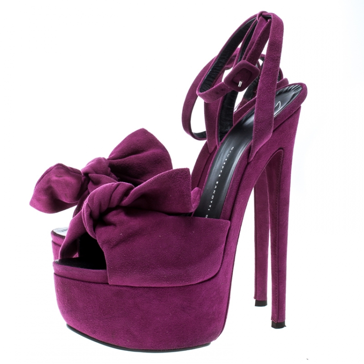 Pre Owned Giuseppe Zanotti Fuchsia Pink Suede Bow Ankle Strap Platform Sandals Size 39.5