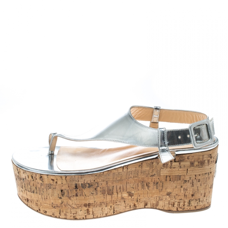 Pre Owned Giuseppe Zanotti Silver Leather Wedge Sandals Size 39