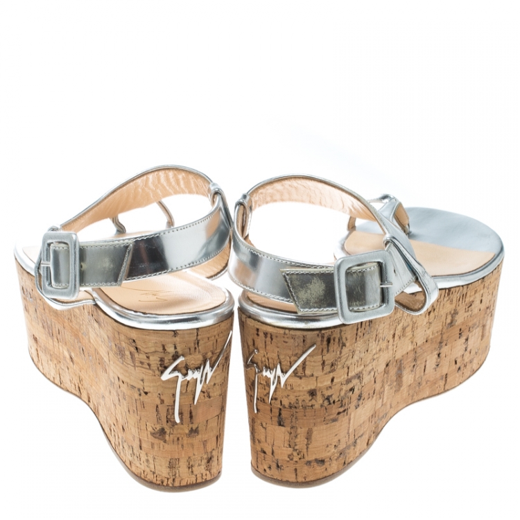 Pre Owned Giuseppe Zanotti Silver Leather Wedge Sandals Size 39