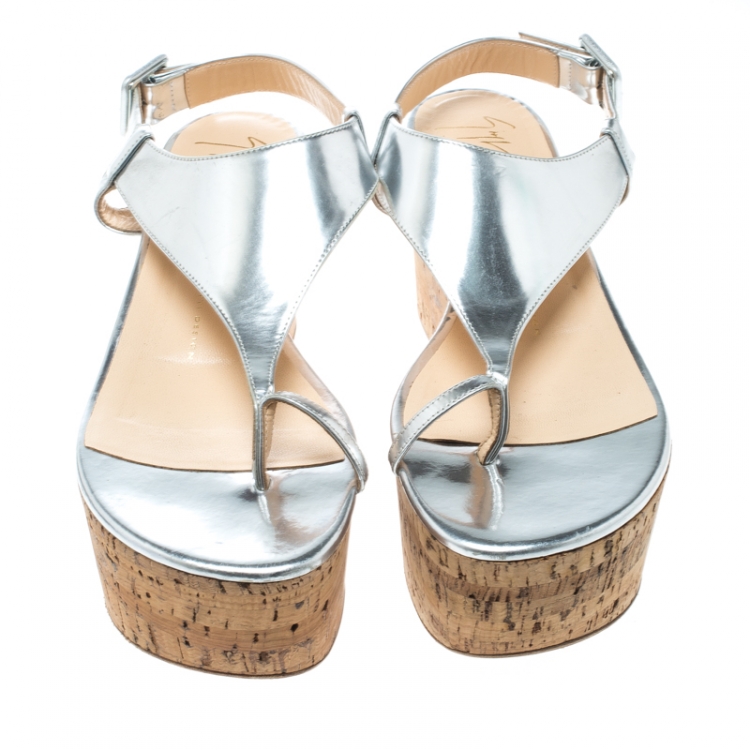 Pre Owned Giuseppe Zanotti Silver Leather Wedge Sandals Size 39