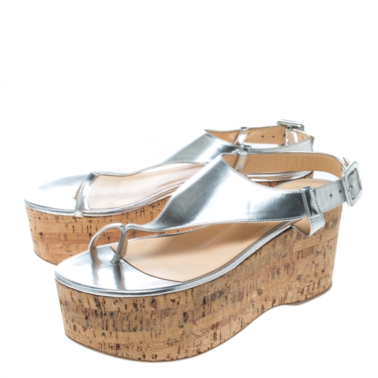 Pre Owned Giuseppe Zanotti Silver Leather Wedge Sandals Size 39