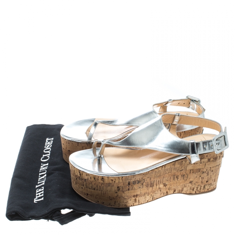 Pre Owned Giuseppe Zanotti Silver Leather Wedge Sandals Size 39