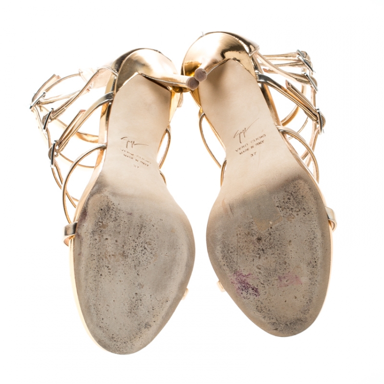 مملوكة مسبقًا Giuseppe Zanotti Metallic Rose Gold Leather Gladiator Sandals Size 37
