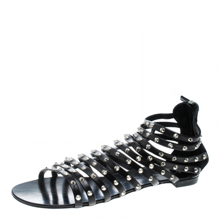 Giuseppe Zanotti Black Spike Studded Strappy Gladiator Flat Sandals ...