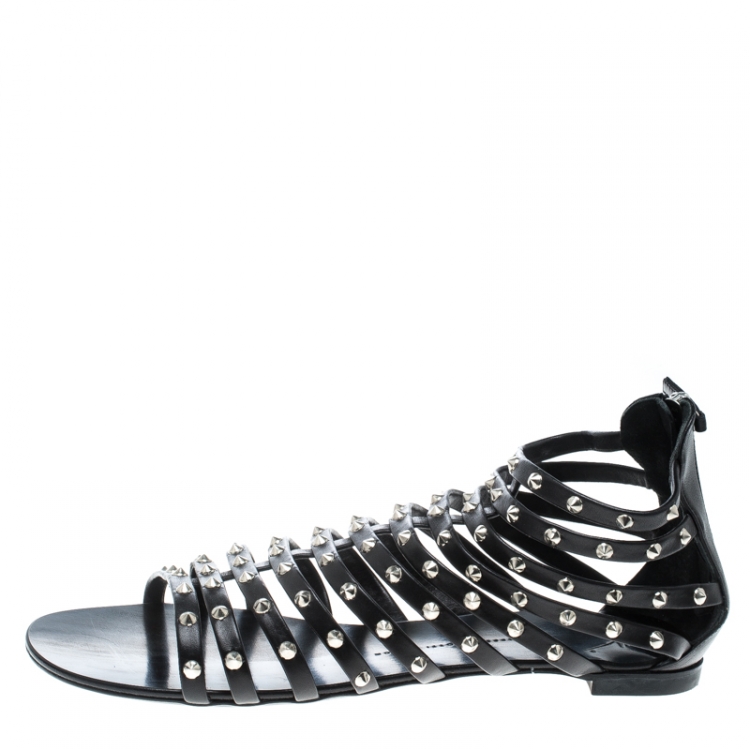 Pre Owned Giuseppe Zanotti Black Spike Studded Strappy Gladiator Flat Sandals Size 42