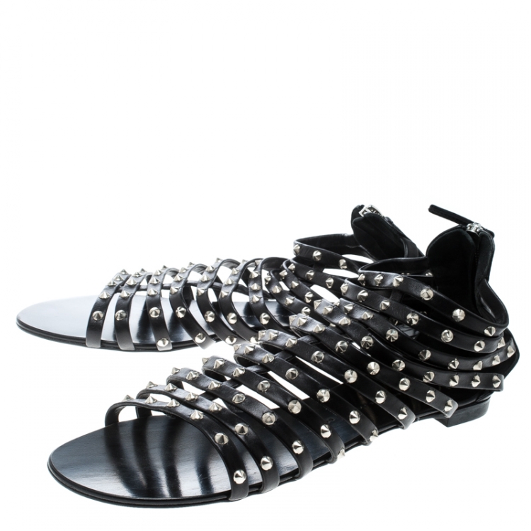 Pre Owned Giuseppe Zanotti Black Spike Studded Strappy Gladiator Flat Sandals Size 42
