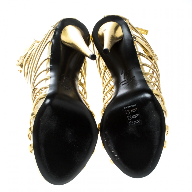 Pre Owned Giuseppe Zanotti Gold Leather Gladiator Peep Toe Sandals Size 37