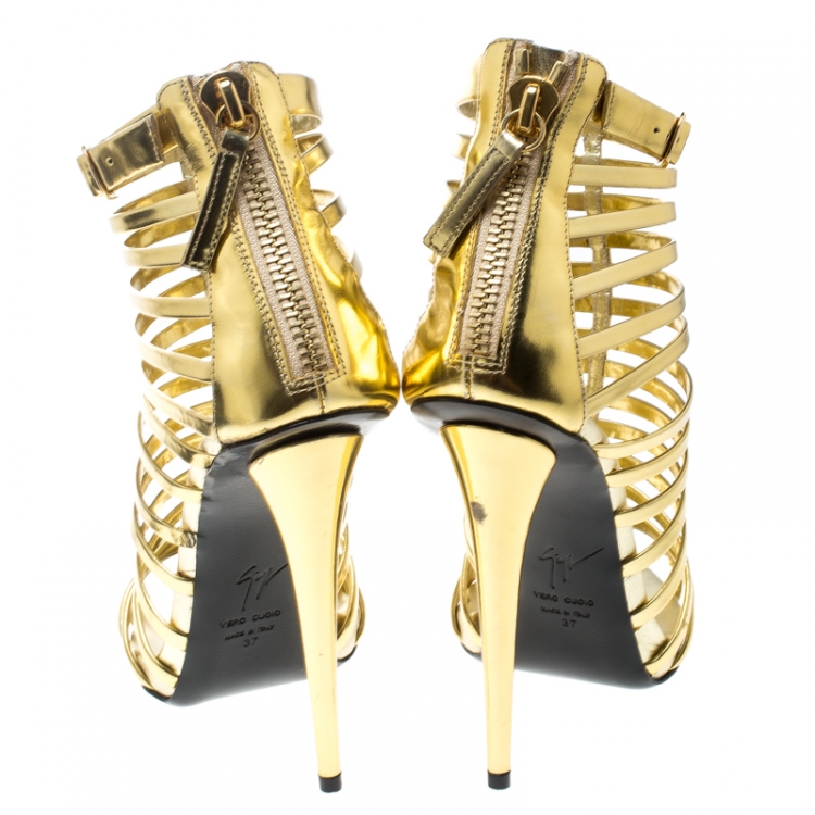 Pre Owned Giuseppe Zanotti Gold Leather Gladiator Peep Toe Sandals Size 37