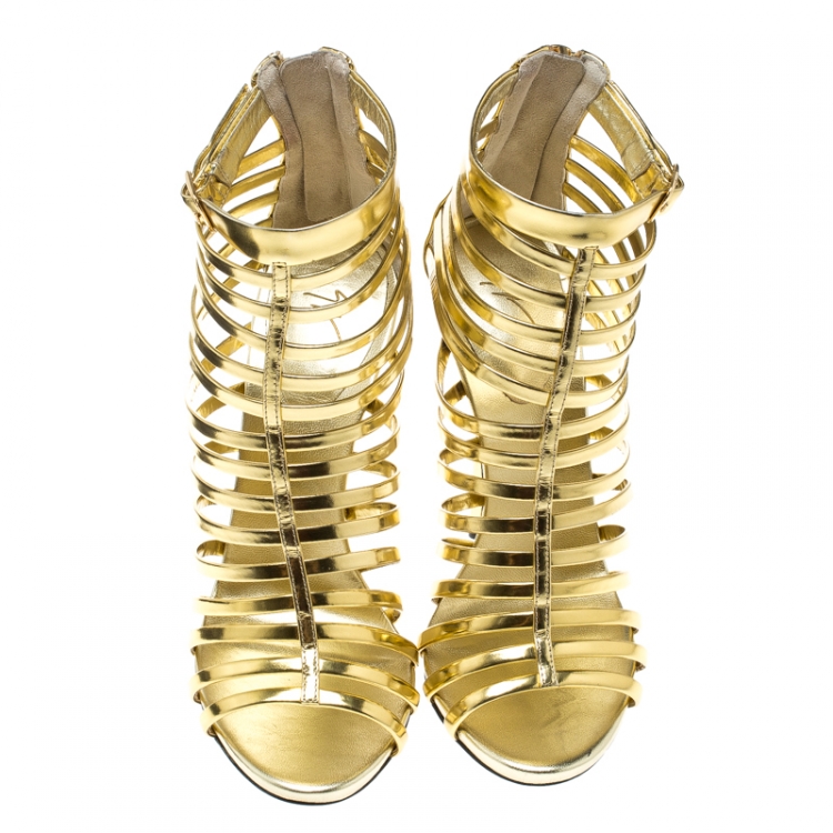 Pre Owned Giuseppe Zanotti Gold Leather Gladiator Peep Toe Sandals Size 37