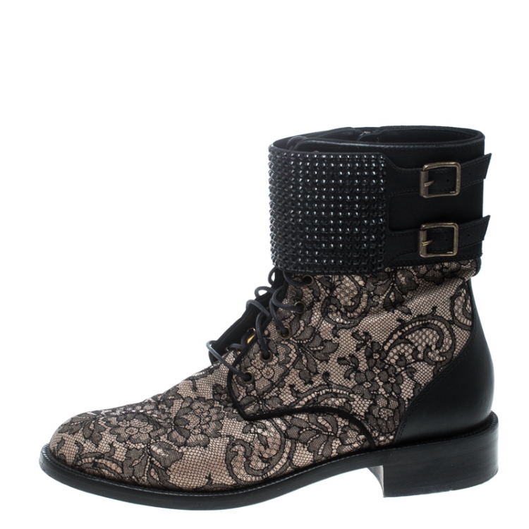 Pre Owned René Caovilla Black Lace Crystal Cuff Combat Ankle Boots Size 39
